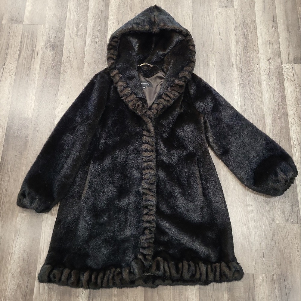 Jones New York Faux Fur Coat Women Large Black Hooded Long